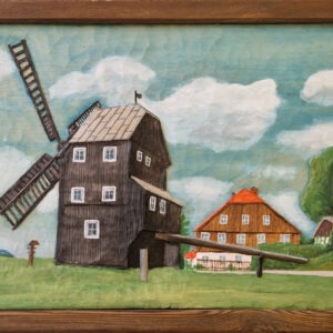 Holzrelief Wandbild mit rustikalem Rahmen Bockwindmühle Kottmarsdorf - Detlef Pohl